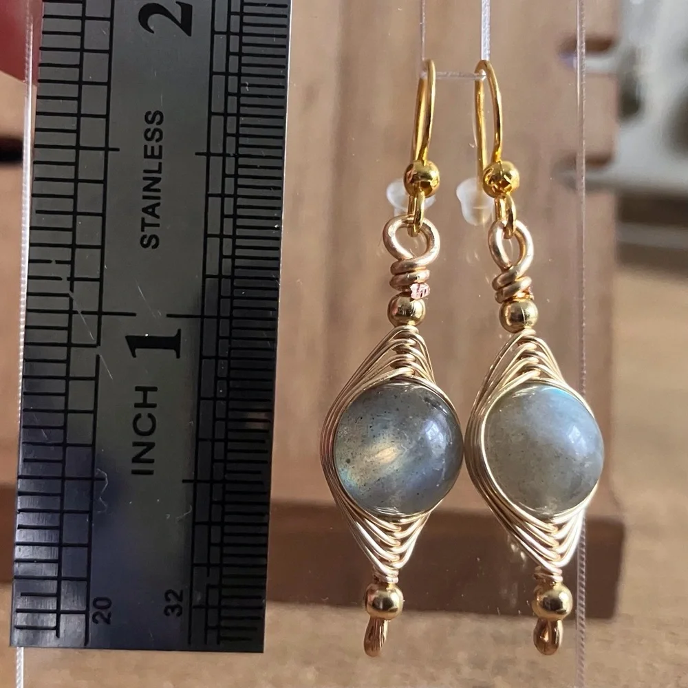 CLEAROUT π₯ Natural Labradorite Wire Wrapped Earrings - Gold Stainless Steel - Picture 5 of 9